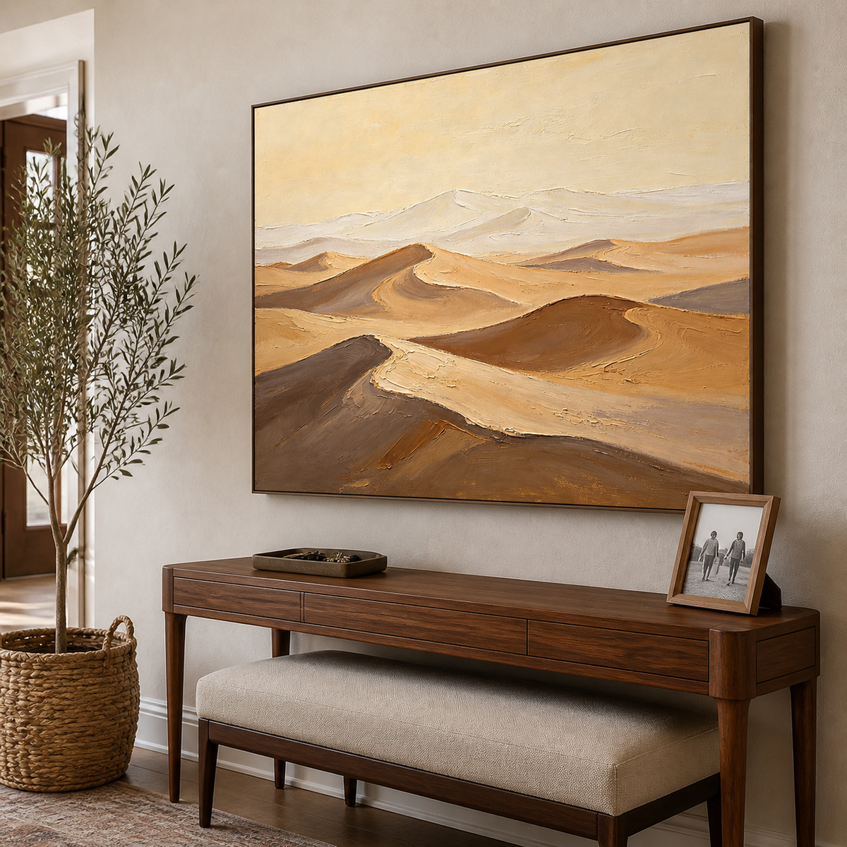 Neutral desert landscape wall art featuring layered cream, beige, taupe, and brown sand dunes beneath a pale sky.