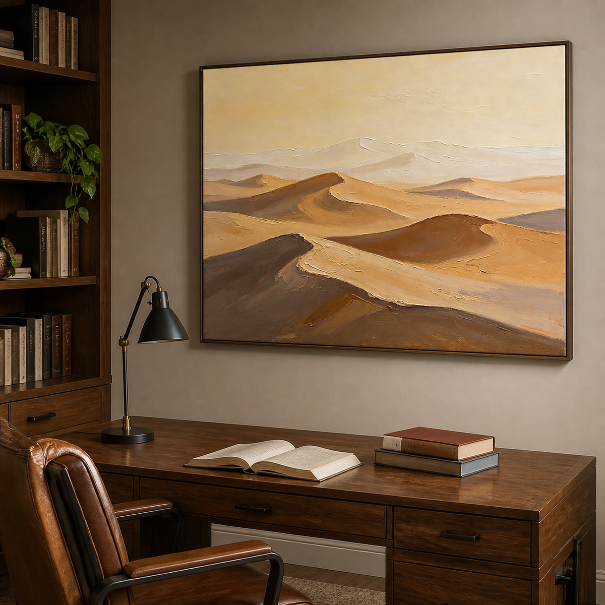 Neutral desert landscape wall art featuring layered cream, beige, taupe, and brown sand dunes beneath a pale sky.