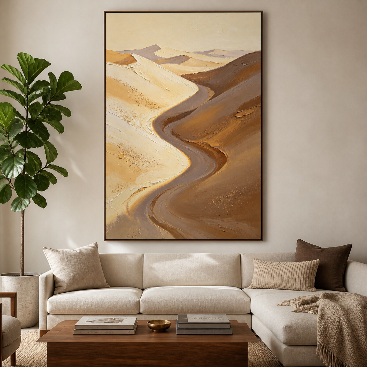 Vertical desert landscape wall art featuring a winding passage through cream, beige, taupe, and brown sand dunes.