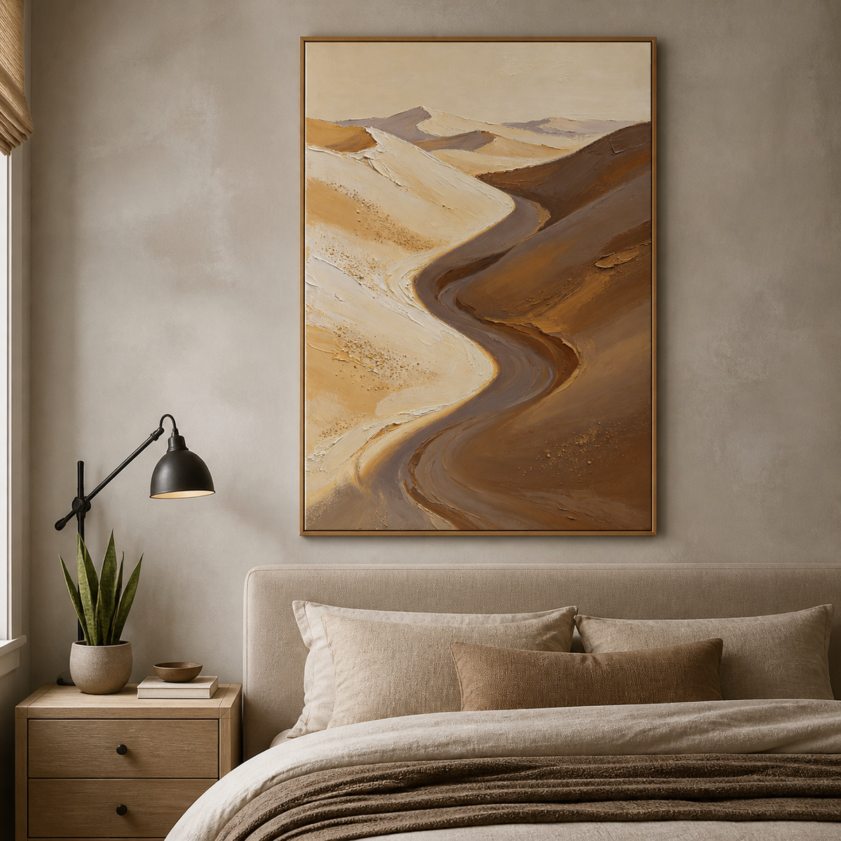 Vertical desert landscape wall art featuring a winding passage through cream, beige, taupe, and brown sand dunes.