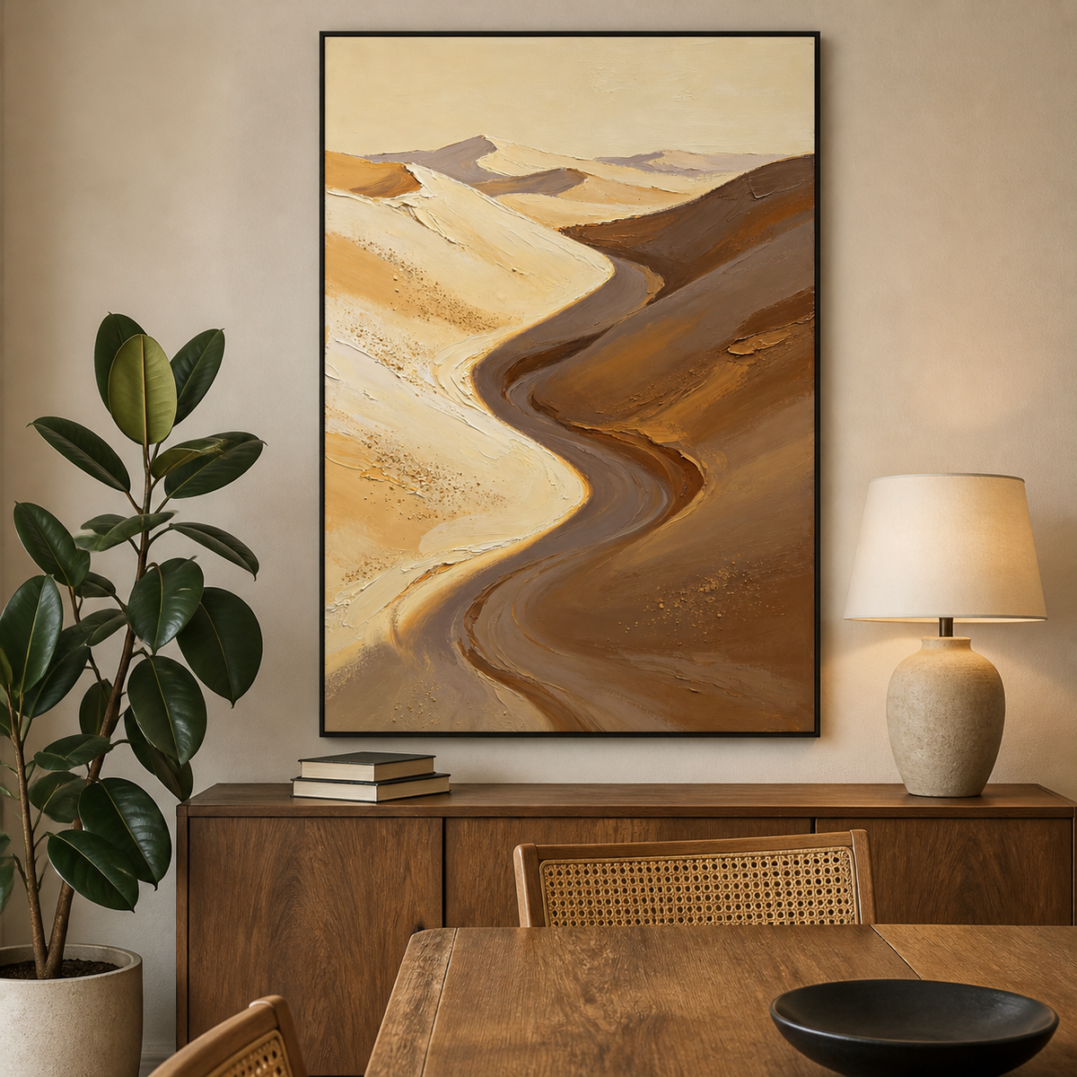 Vertical desert landscape wall art featuring a winding passage through cream, beige, taupe, and brown sand dunes.