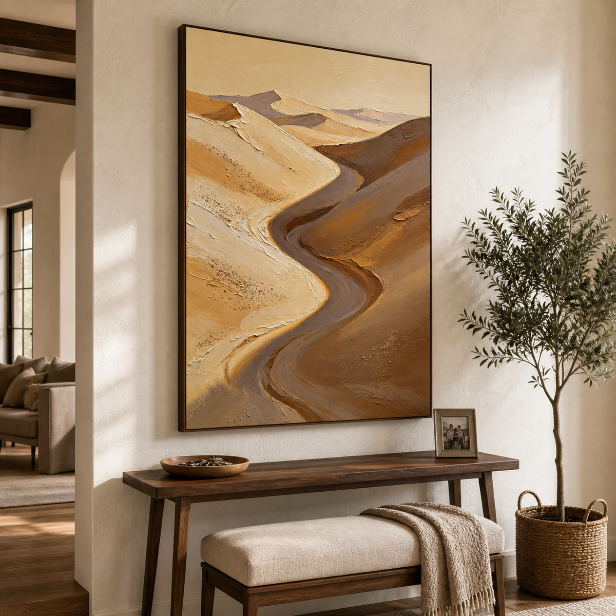 Vertical desert landscape wall art featuring a winding passage through cream, beige, taupe, and brown sand dunes.
