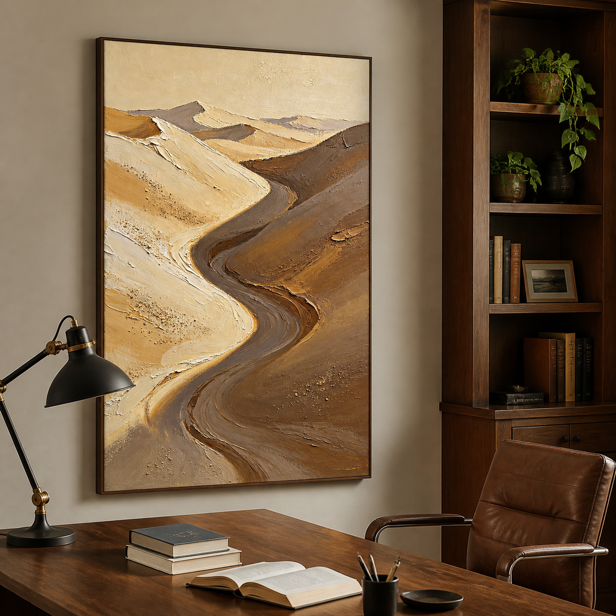 Vertical desert landscape wall art featuring a winding passage through cream, beige, taupe, and brown sand dunes.