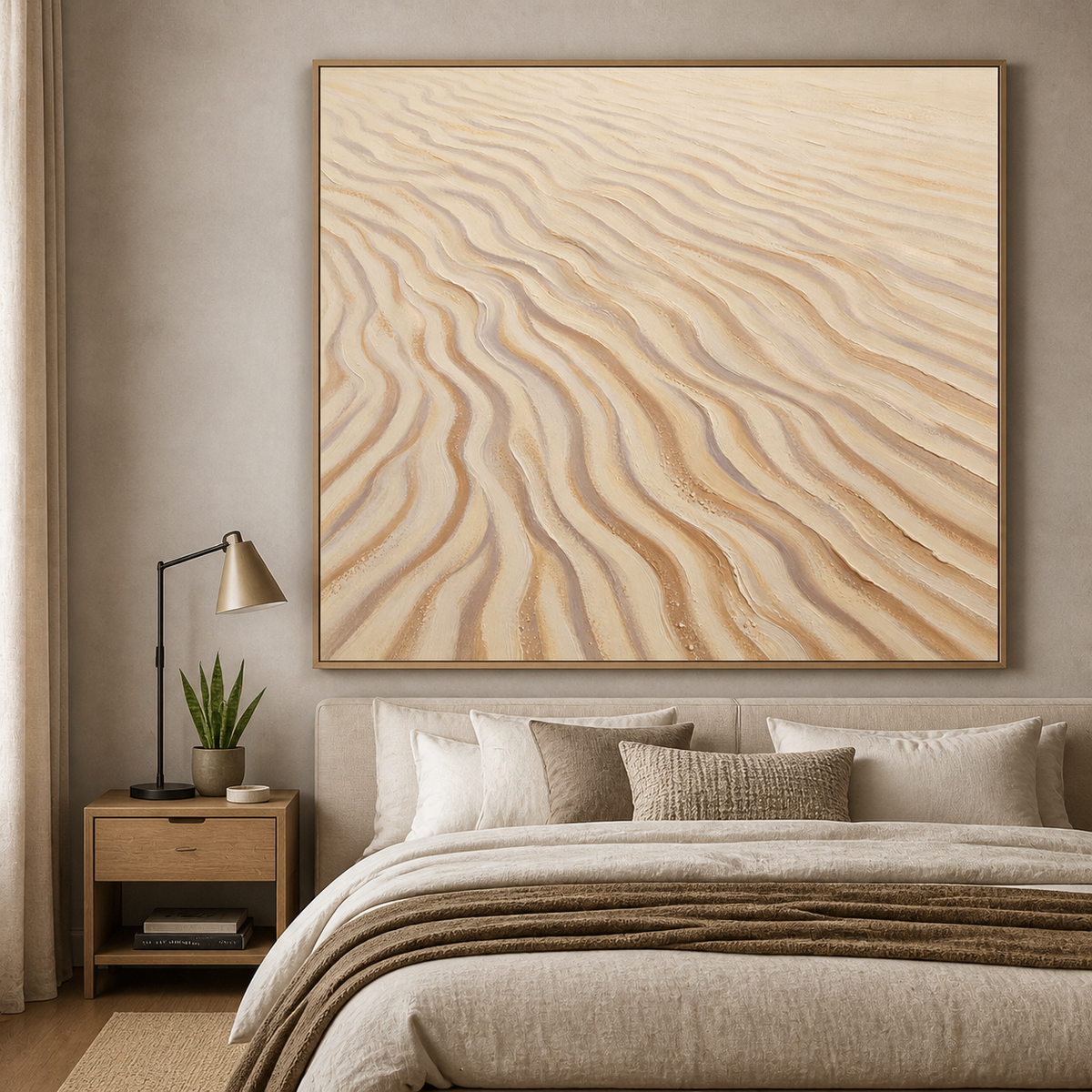 Neutral textured wall art featuring flowing beige, ivory, and taupe lines inspired by ripples in wind-shaped sand.