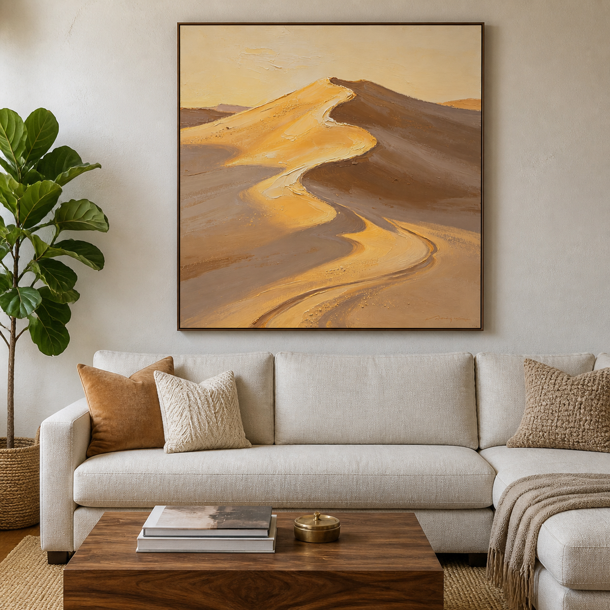 Textured desert landscape wall art featuring sunlit golden sand dunes with flowing beige, caramel, and brown ridges.