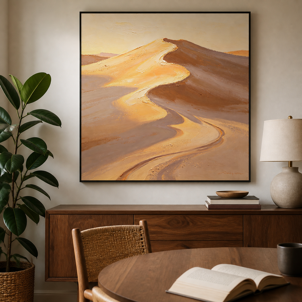 Textured desert landscape wall art featuring sunlit golden sand dunes with flowing beige, caramel, and brown ridges.