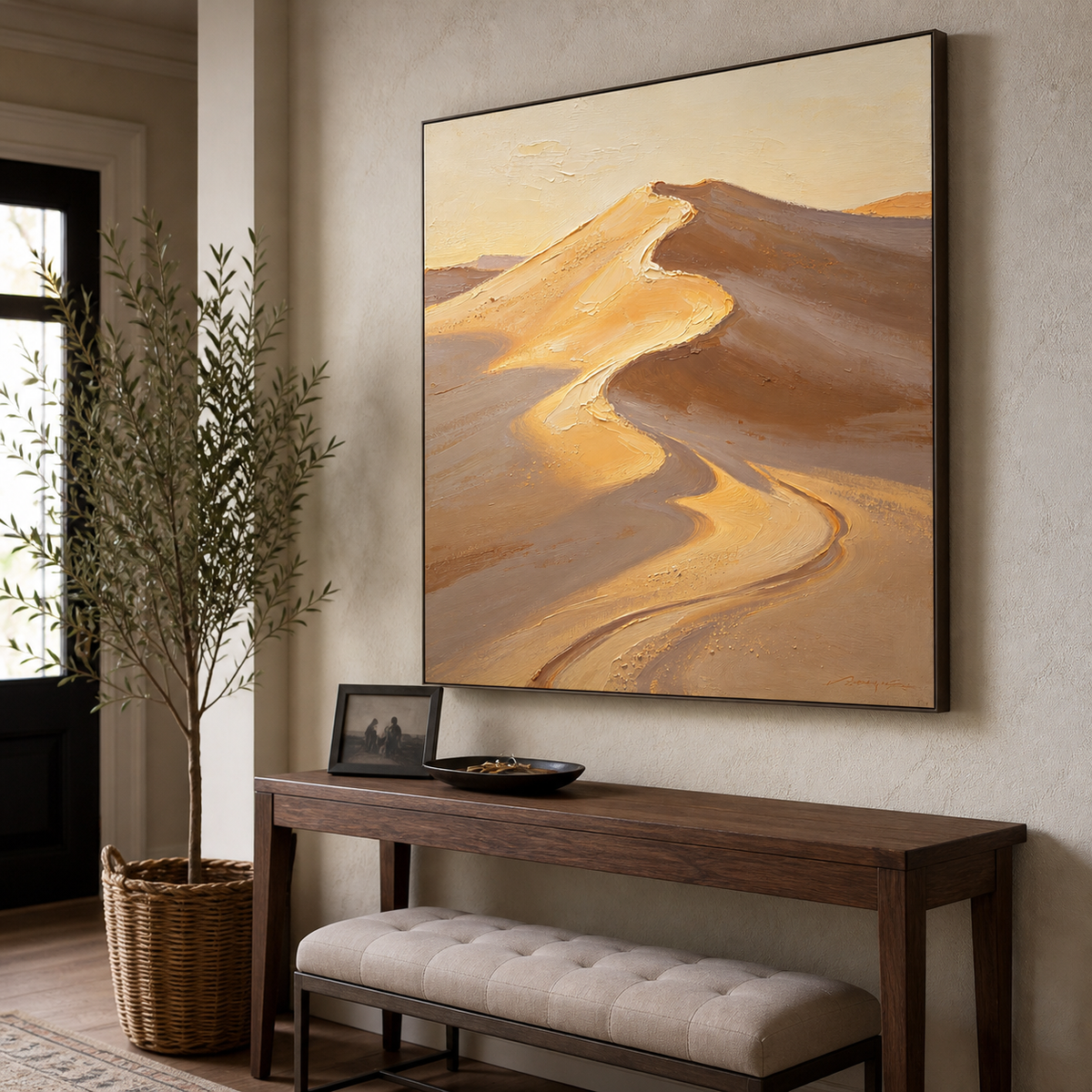 Textured desert landscape wall art featuring sunlit golden sand dunes with flowing beige, caramel, and brown ridges.