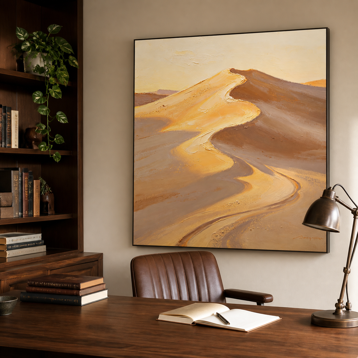 Textured desert landscape wall art featuring sunlit golden sand dunes with flowing beige, caramel, and brown ridges.