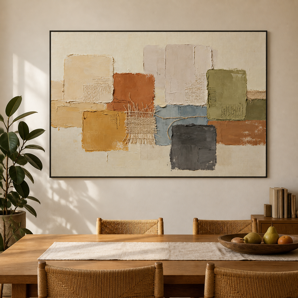 Neutral textured wall art with earth-tone geometric blocks and woven-inspired details displayed above a wooden dining table.