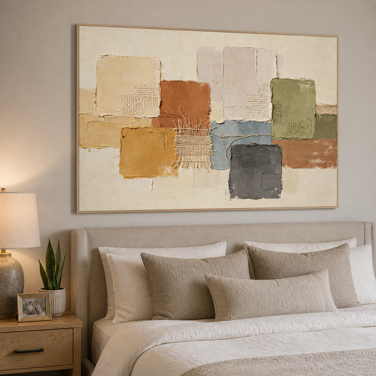 Neutral textured wall art with earth-tone geometric blocks and woven-inspired details displayed above a wooden dining table.