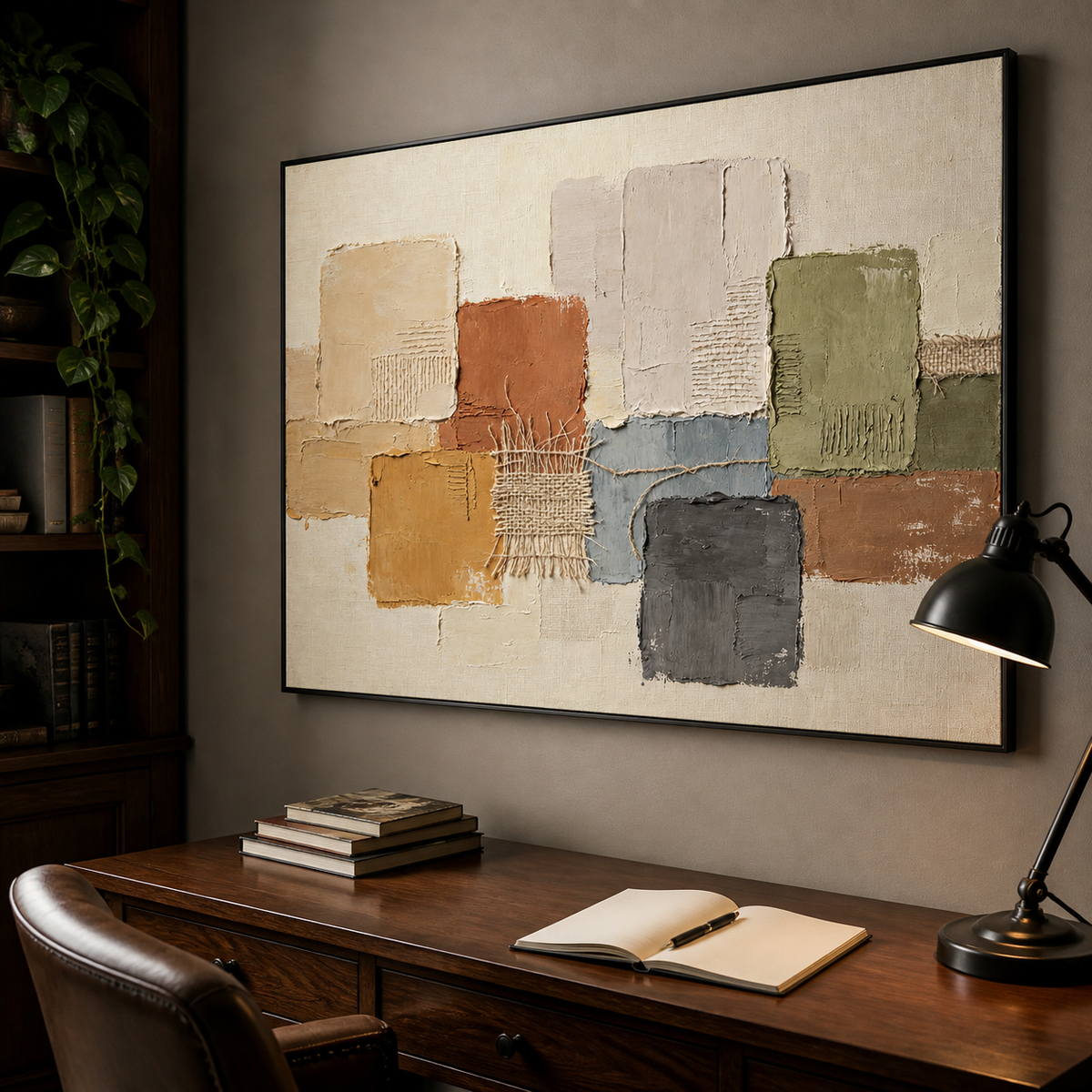 Neutral textured wall art with earth-tone geometric blocks and woven-inspired details displayed above a wooden dining table.