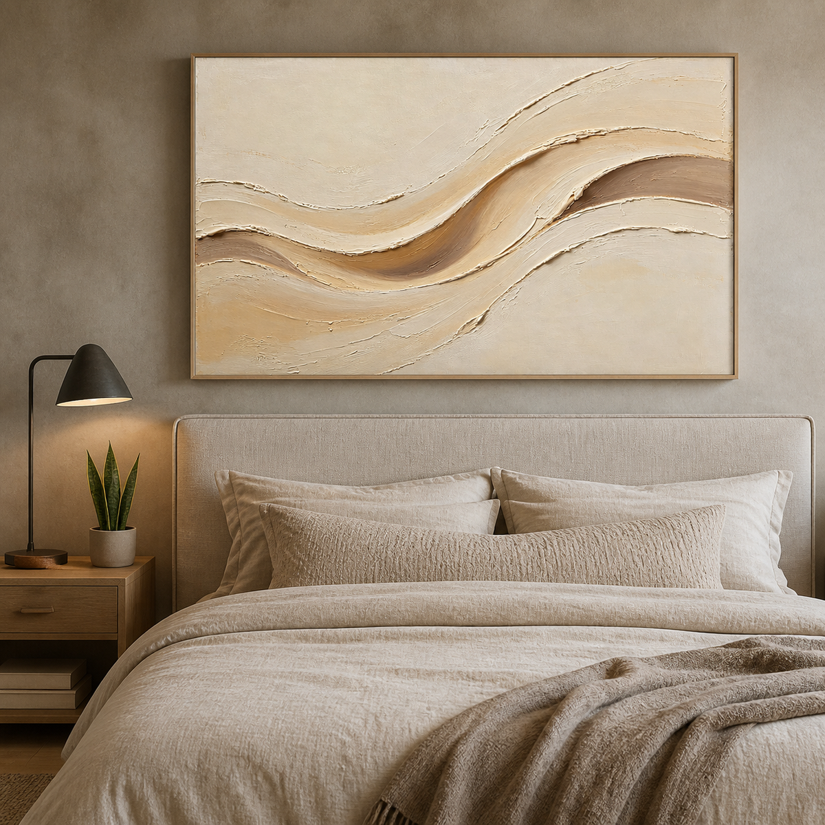 Panoramic neutral textured wall art with raised flowing curves in warm ivory, beige, sand, and taupe.