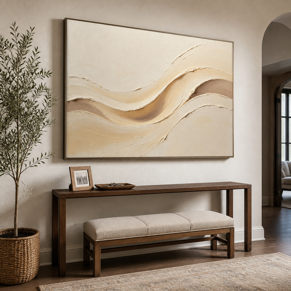 Panoramic neutral textured wall art with raised flowing curves in warm ivory, beige, sand, and taupe.