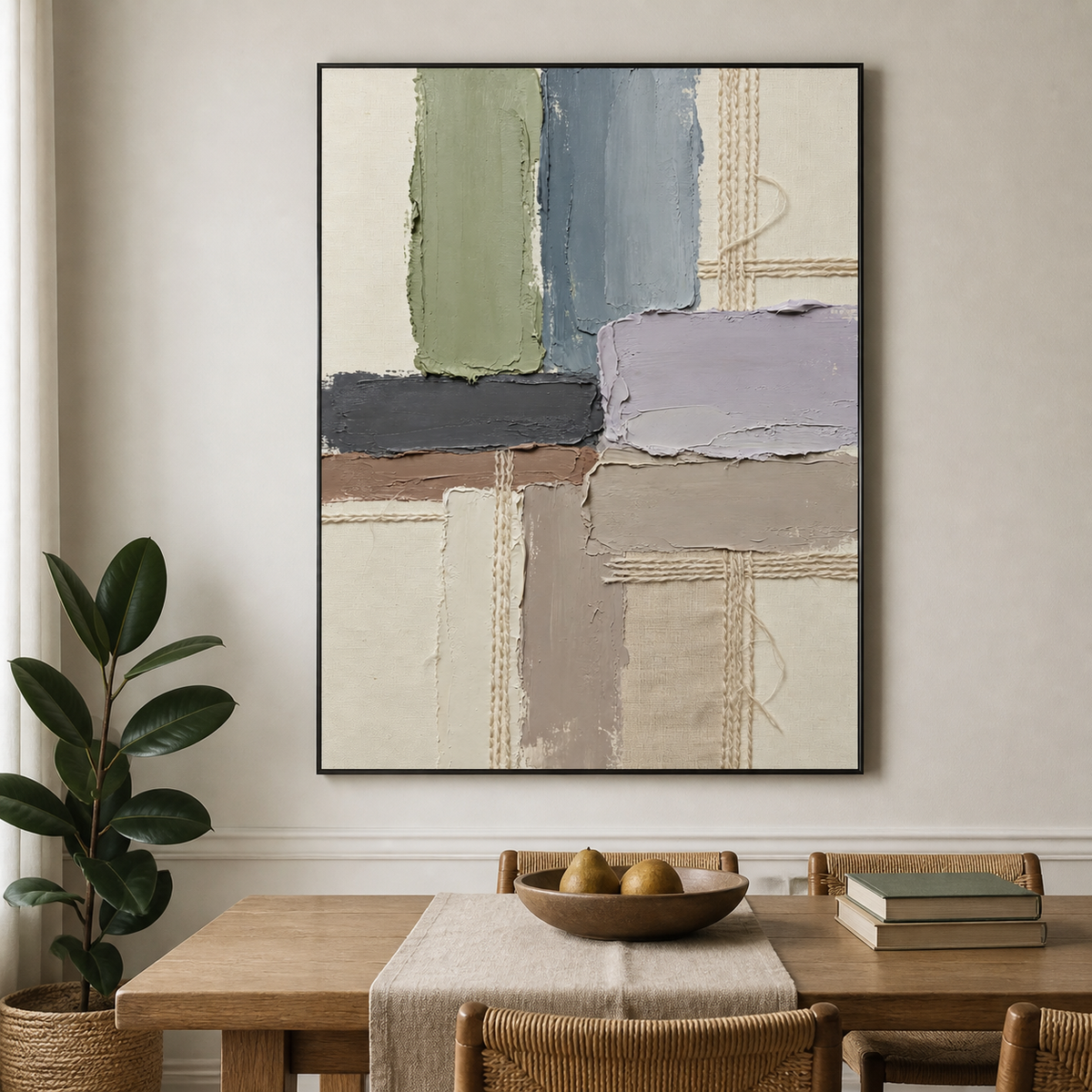 Vertical neutral textured wall art with sage, slate gray, lavender and ivory geometric blocks and woven details displayed above a sofa.