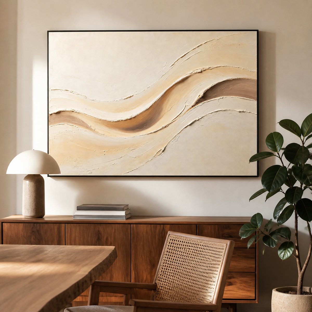 Panoramic neutral textured wall art with raised flowing curves in warm ivory, beige, sand, and taupe.