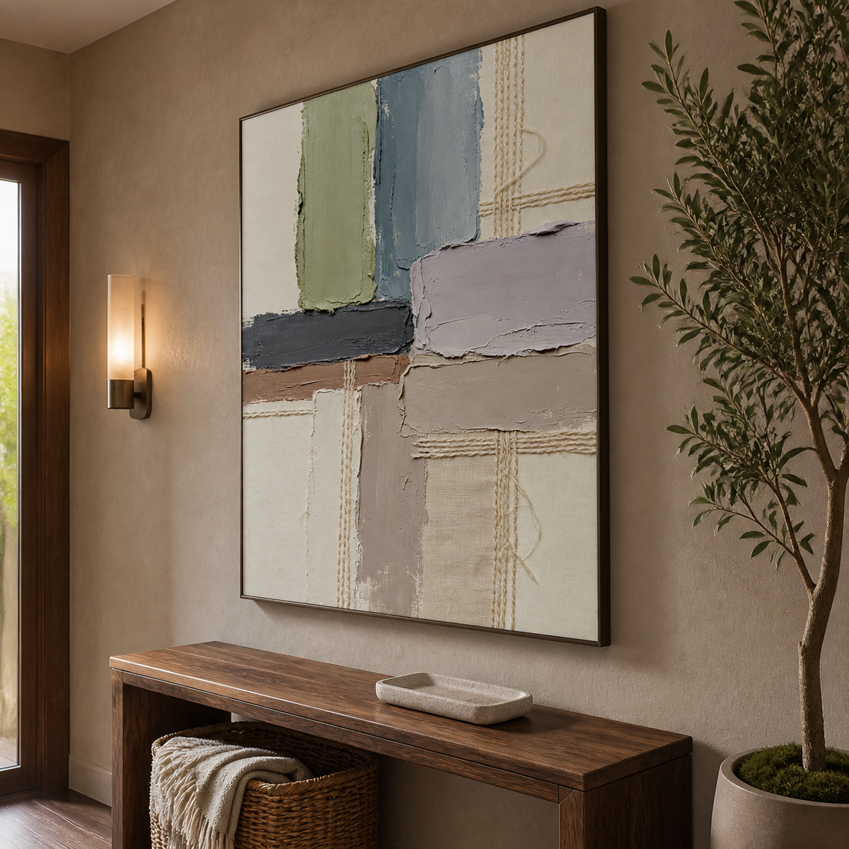 Vertical neutral textured wall art with sage, slate gray, lavender and ivory geometric blocks and woven details displayed above a sofa.