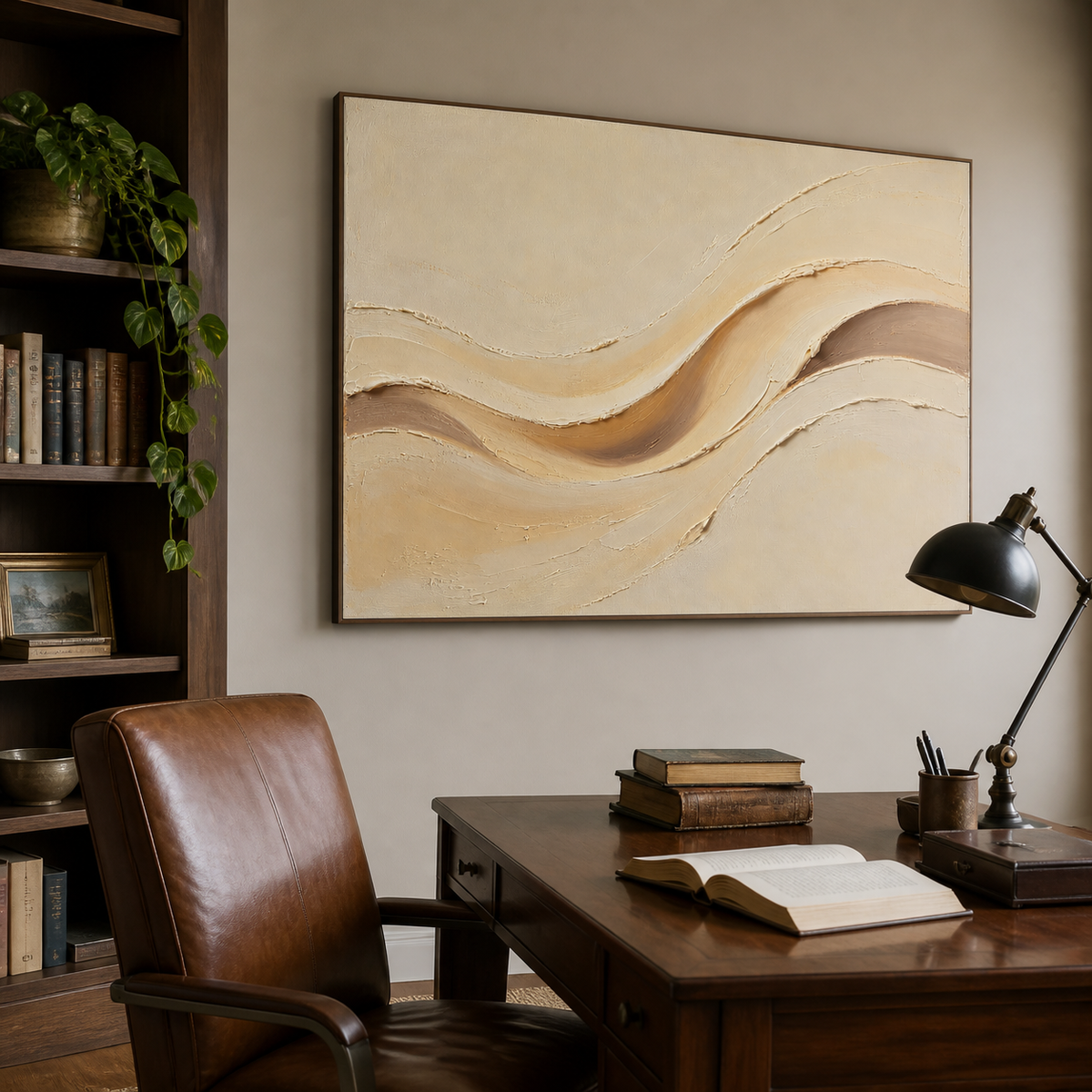 Panoramic neutral textured wall art with raised flowing curves in warm ivory, beige, sand, and taupe.