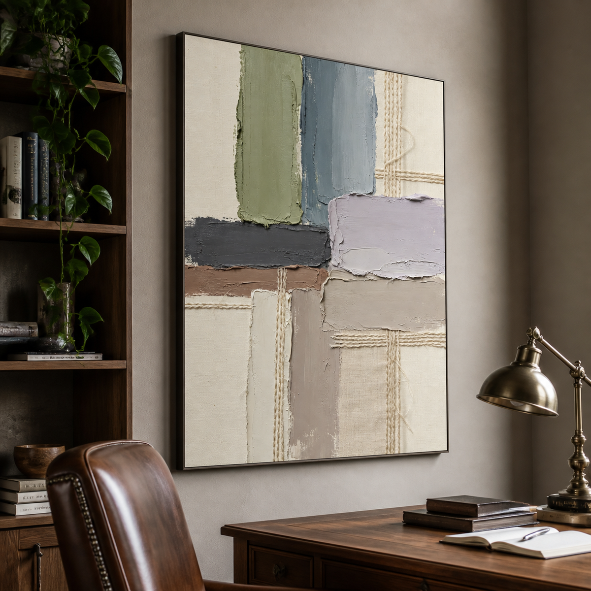 Vertical neutral textured wall art with sage, slate gray, lavender and ivory geometric blocks and woven details displayed above a sofa.