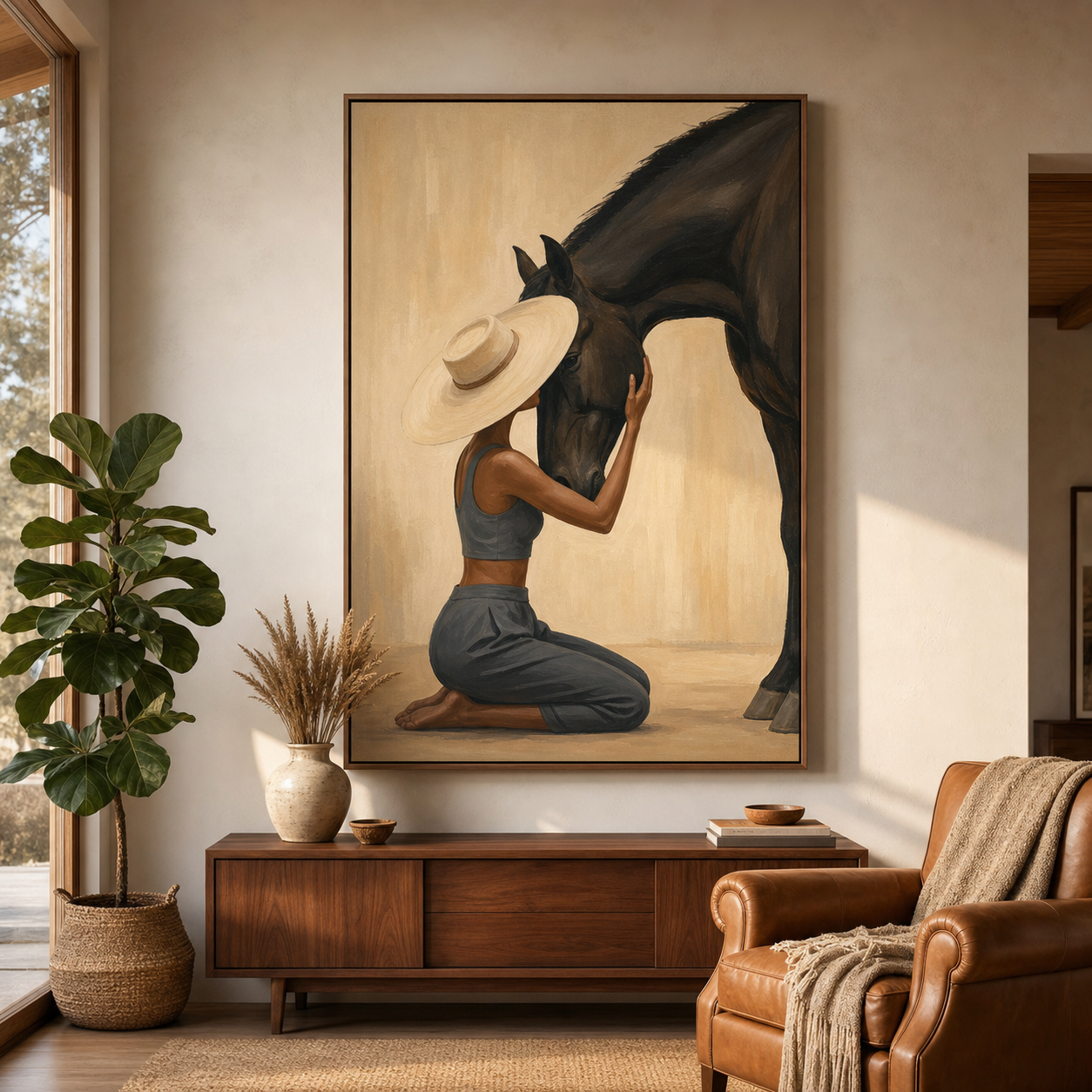 Hand-painted woman and black horse wall art featuring a contemporary equestrian scene with rich textured oil painting in warm neutral tones for modern home decor.