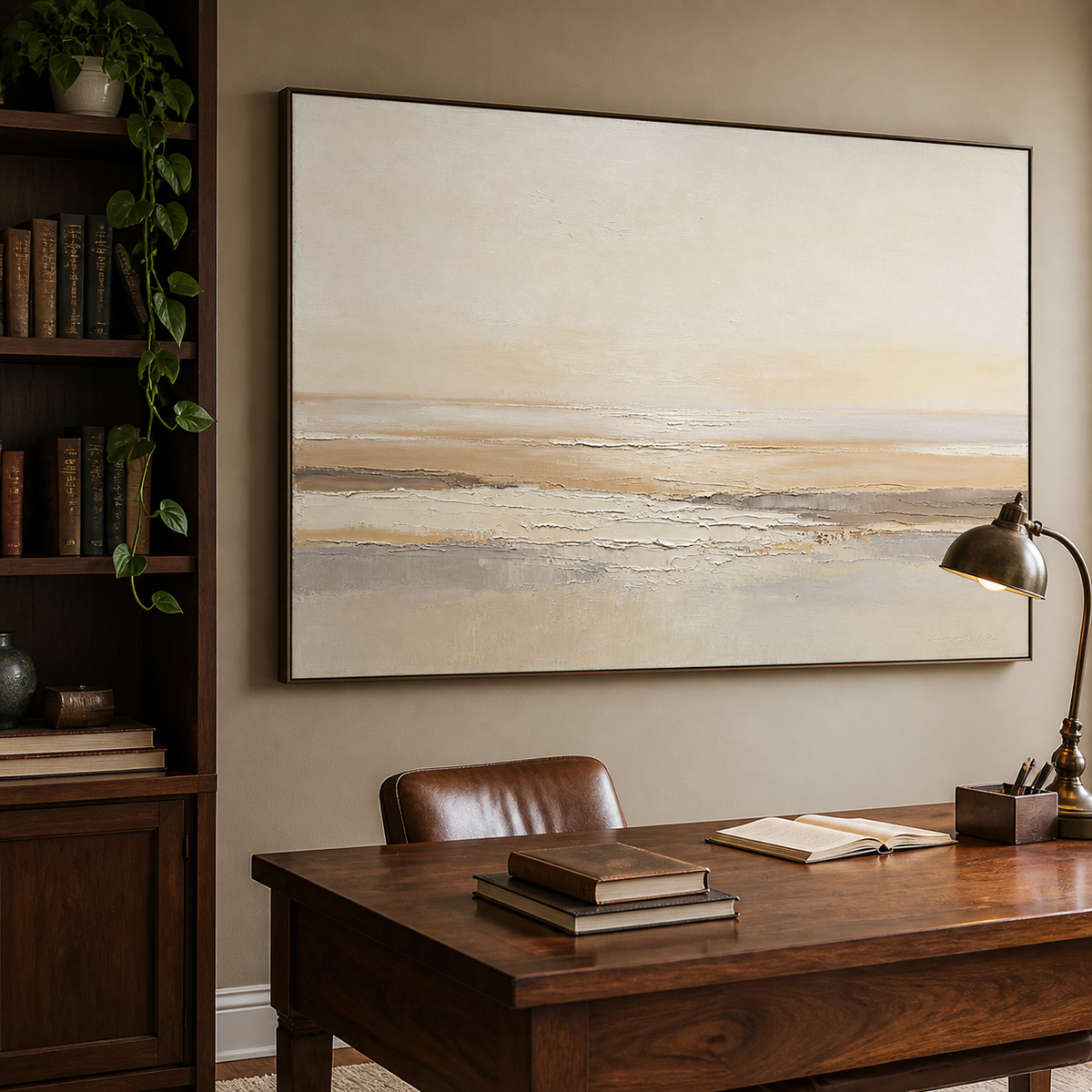 Neutral abstract seascape wall art with layered beige, ivory, taupe, and gray horizontal textures.