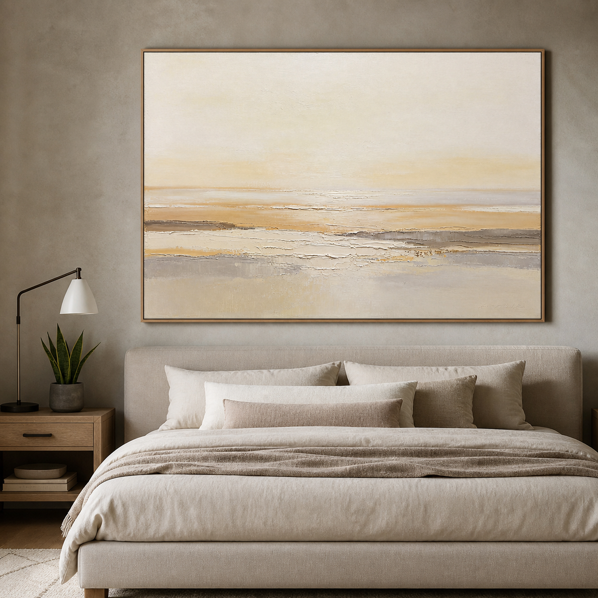 Neutral abstract seascape wall art with layered beige, ivory, taupe, and gray horizontal textures.