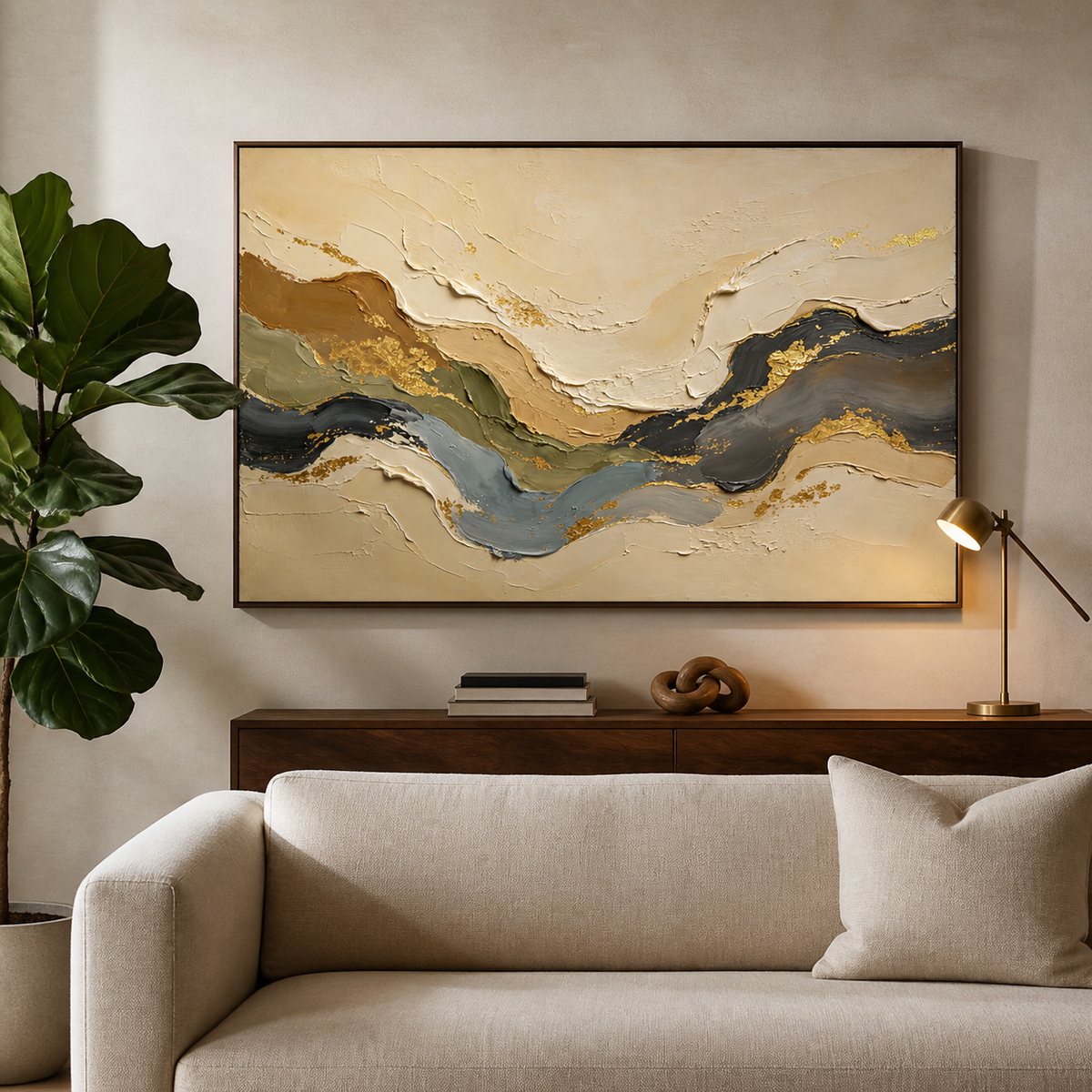 Neutral textured wall art with flowing beige, olive, blue-gray and black layers with gold accents displayed above a wooden dining table.