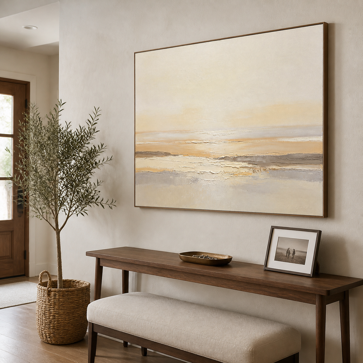 Neutral abstract seascape wall art with layered beige, ivory, taupe, and gray horizontal textures.