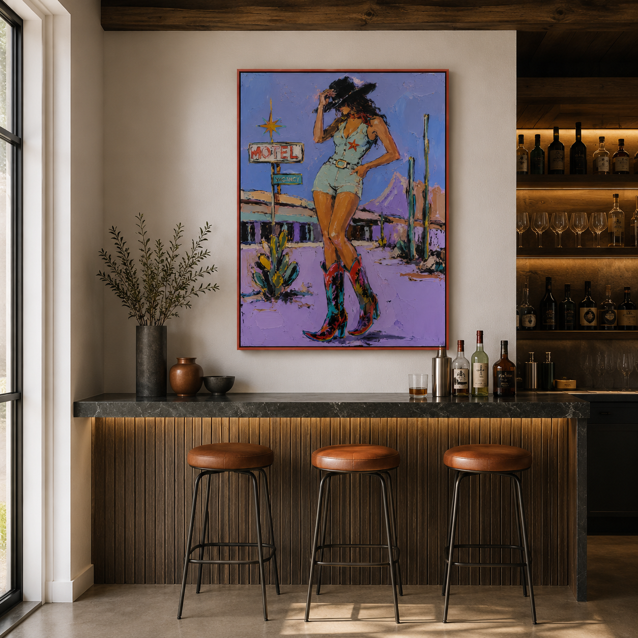 Desert Starlight – Hand-Painted Cowgirl Wall Art, Modern Western Oil Painting on Canva