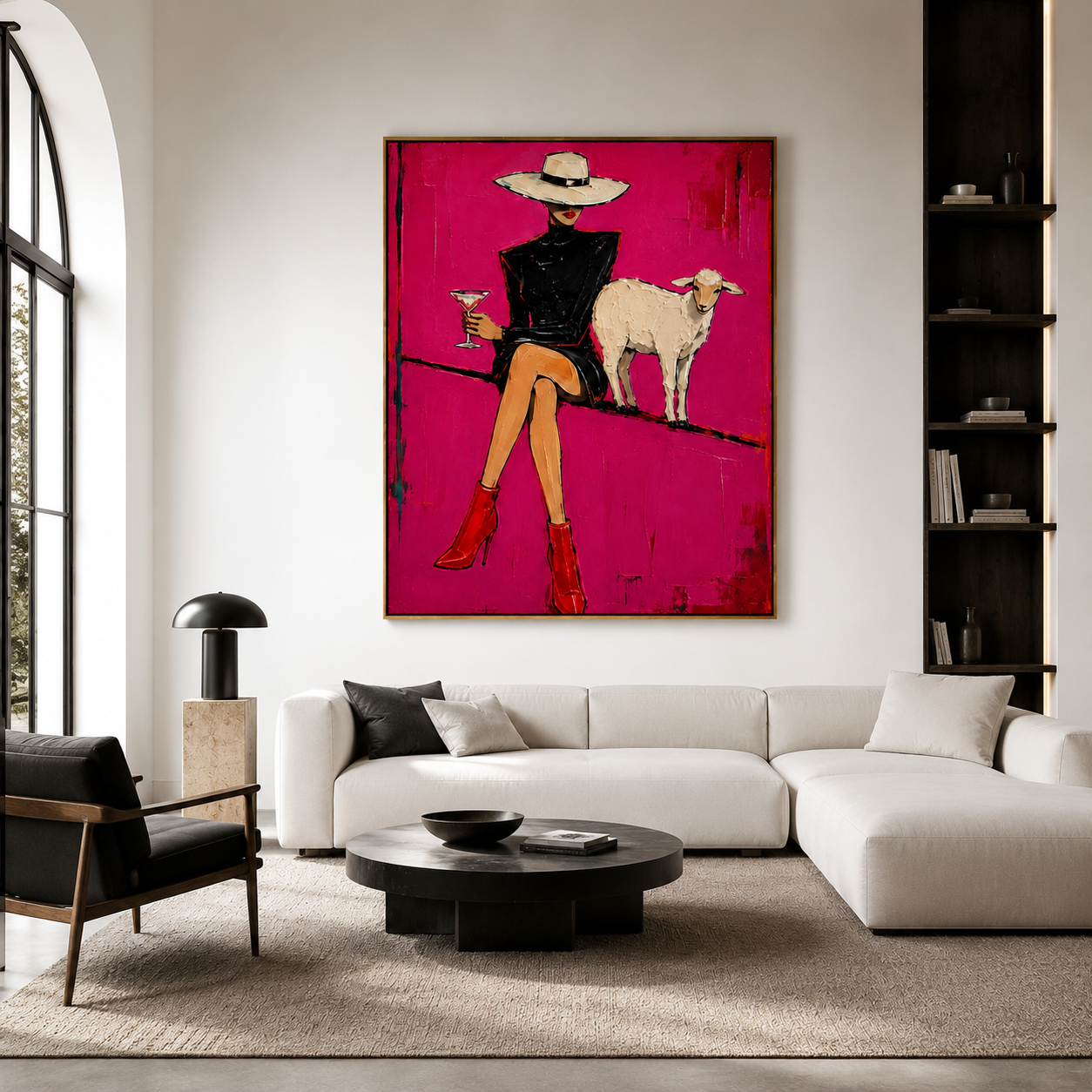 Midnight Velvet – Hand-Painted Fashion Cowgirl Wall Art with Lamb, Modern Western Oil Painting