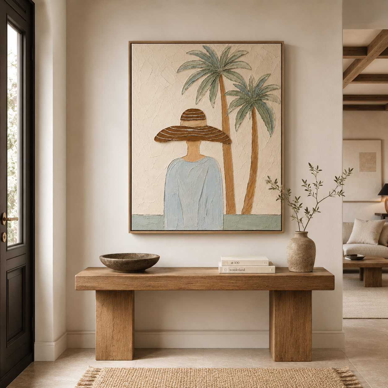 Palm Breeze Serenity – Coastal Figurative Canvas Wall Art, Tropical Woman Painting for Modern Living Room Decor
