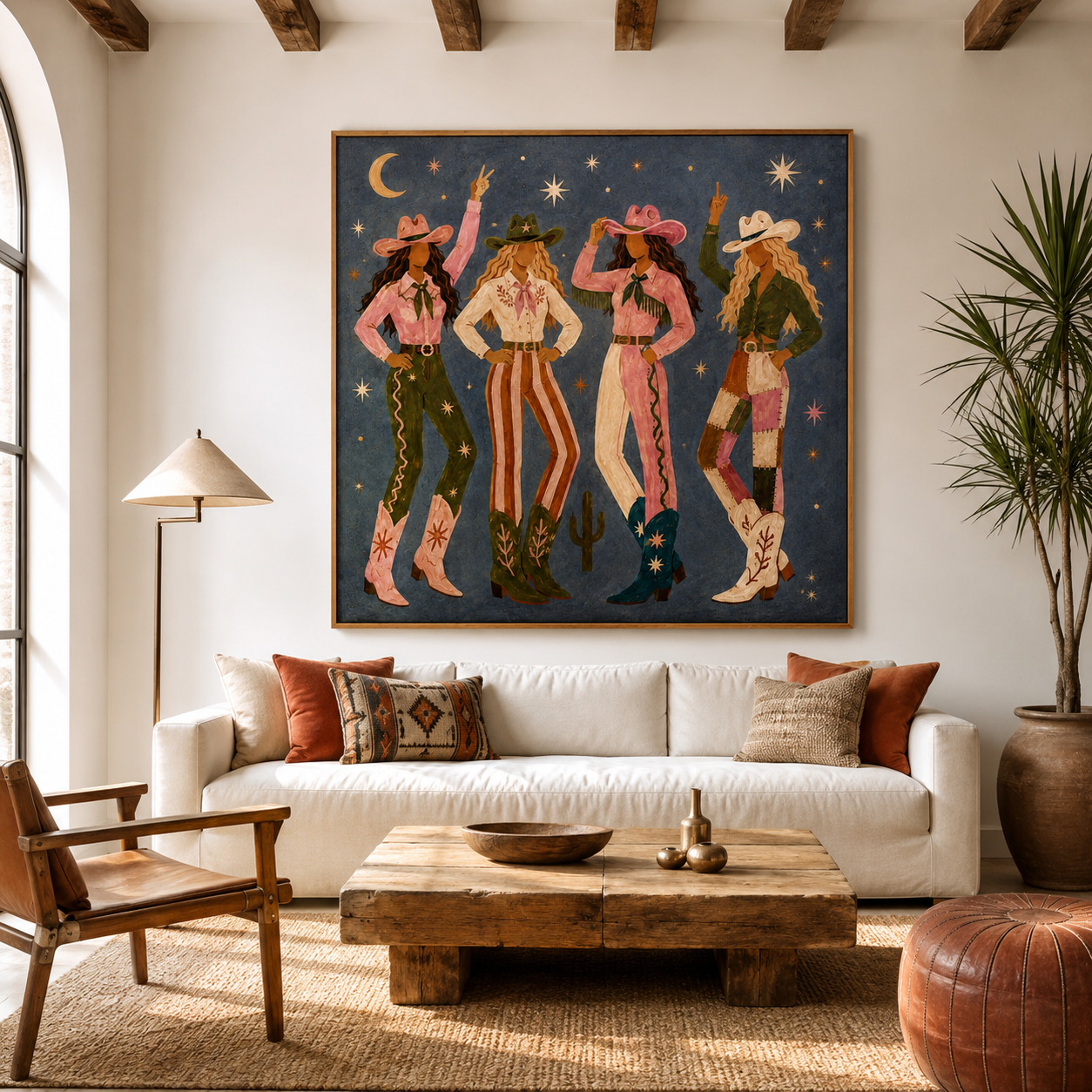 Hand-painted modern western cowgirl wall art featuring four colorful cowgirls beneath a starry desert sky, textured oil painting for boho western and southwestern home decor.
