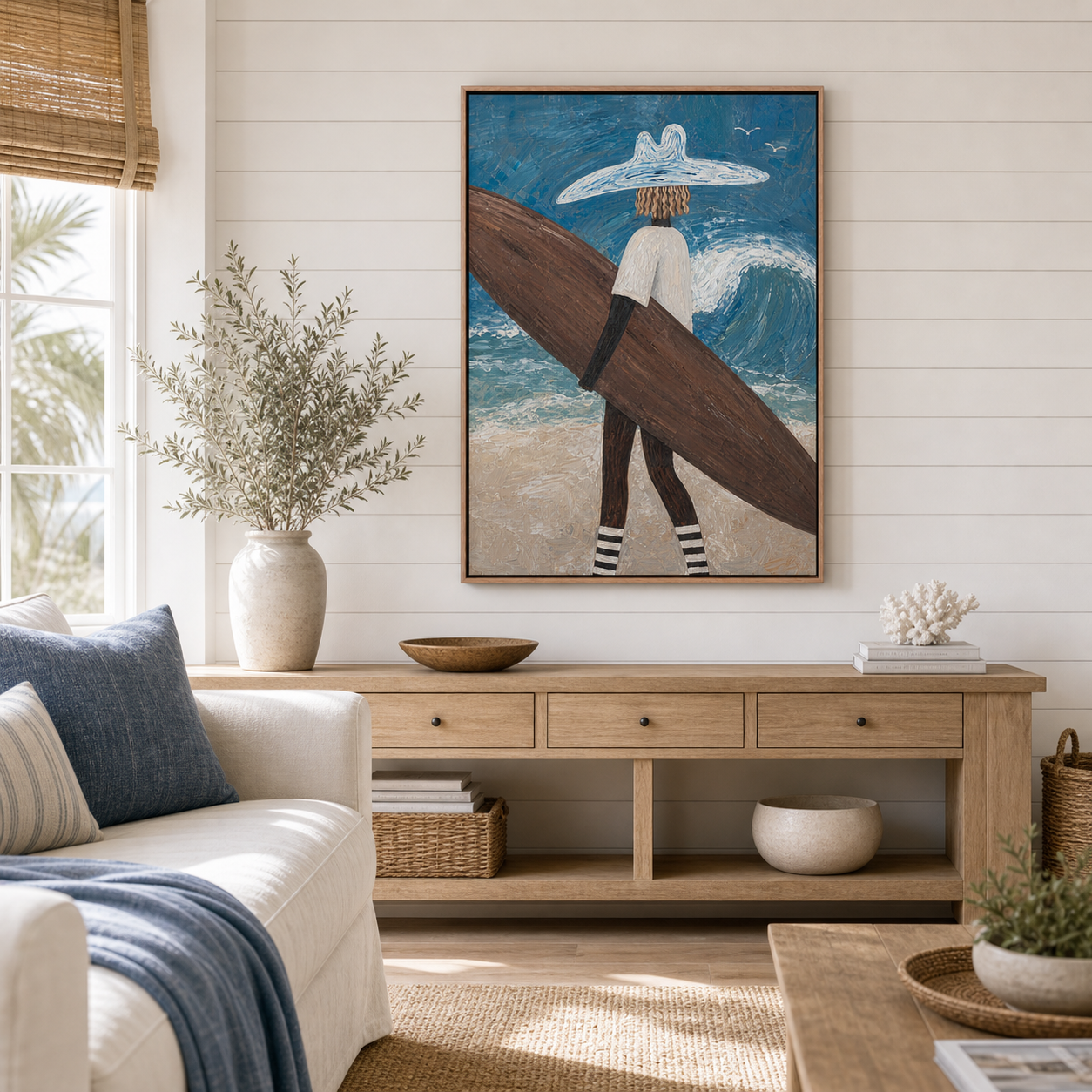 Framed Coastal Wall Art, Surfer With Wave Beach Painting, Ocean Wall Decor for Living Room