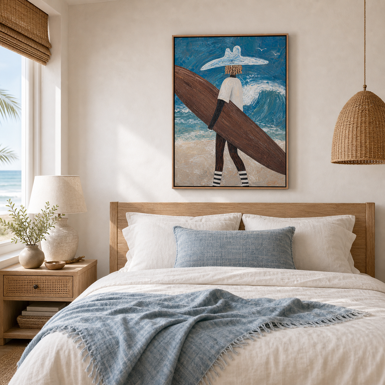 Framed Coastal Wall Art, Surfer With Wave Beach Painting, Ocean Wall Decor for Living Room