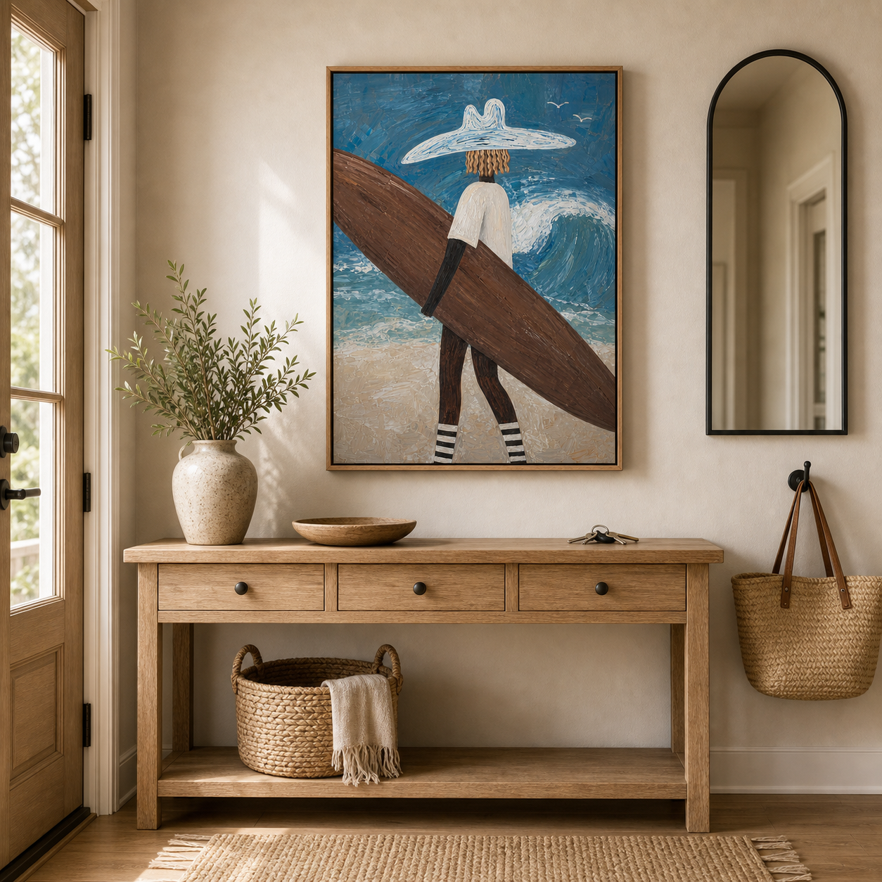 Framed Coastal Wall Art, Surfer With Wave Beach Painting, Ocean Wall Decor for Living Room