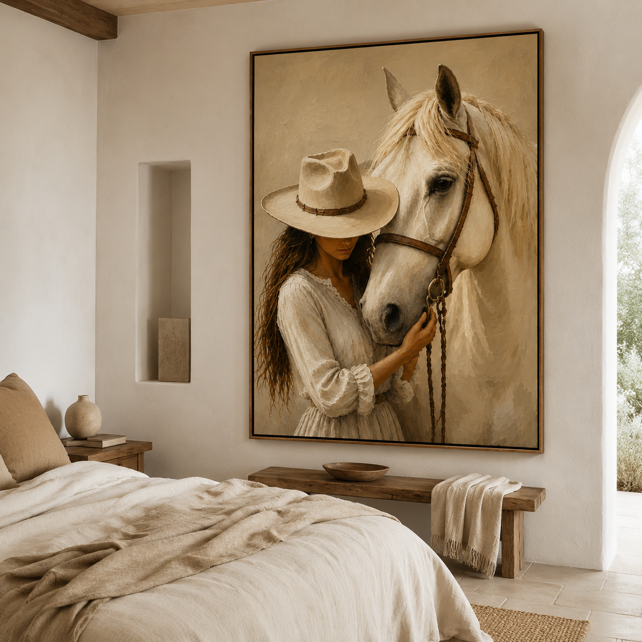 Cowgirl and horse wall art for a warm neutral Western bedroom