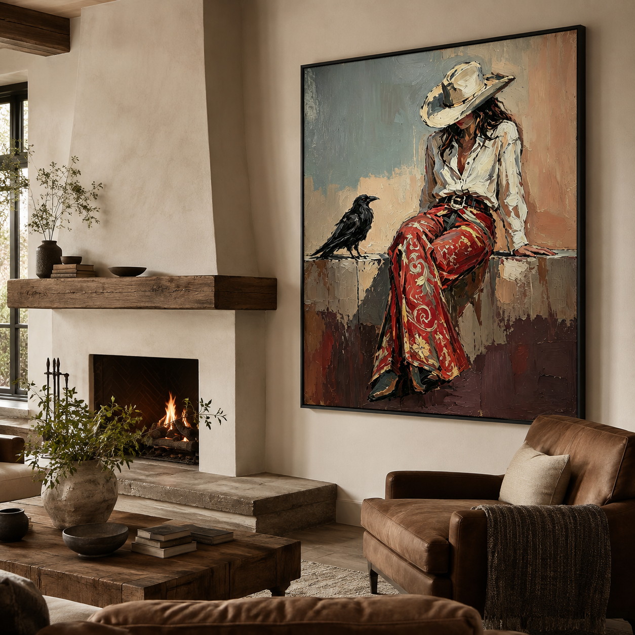 Southwestern wall art featuring woman and black raven