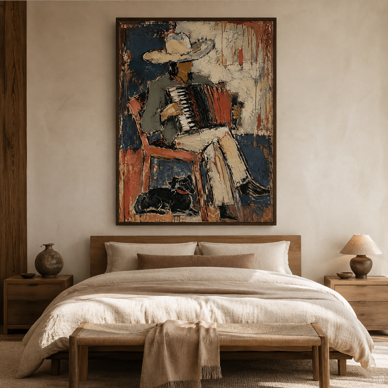 Vintage Western music painting in navy red and cream