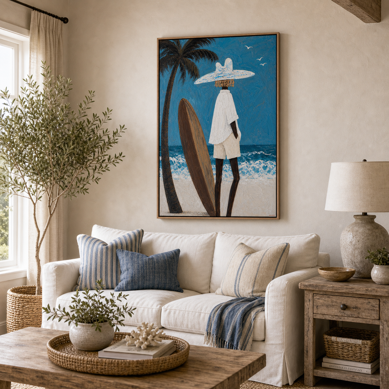Palm Tree Coastal Wall Art, Framed Beach Painting With Surfboard, Tropical Ocean Wall Decor