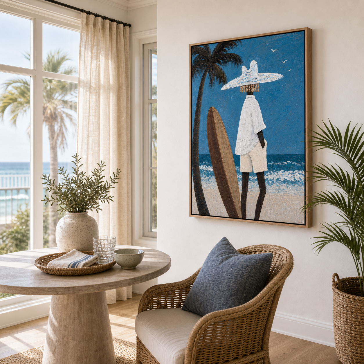 Palm Tree Coastal Wall Art, Framed Beach Painting With Surfboard, Tropical Ocean Wall Decor
