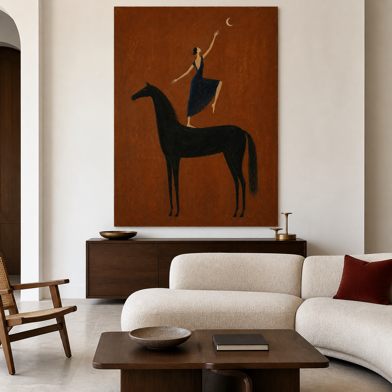 Hand-painted ballet wall art with ballerina standing on black horse