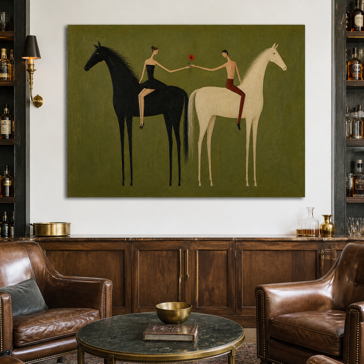 Black and white horse oil painting with two riders
