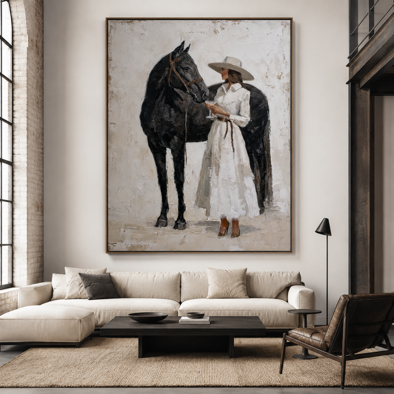 Black horse painting with rider figure