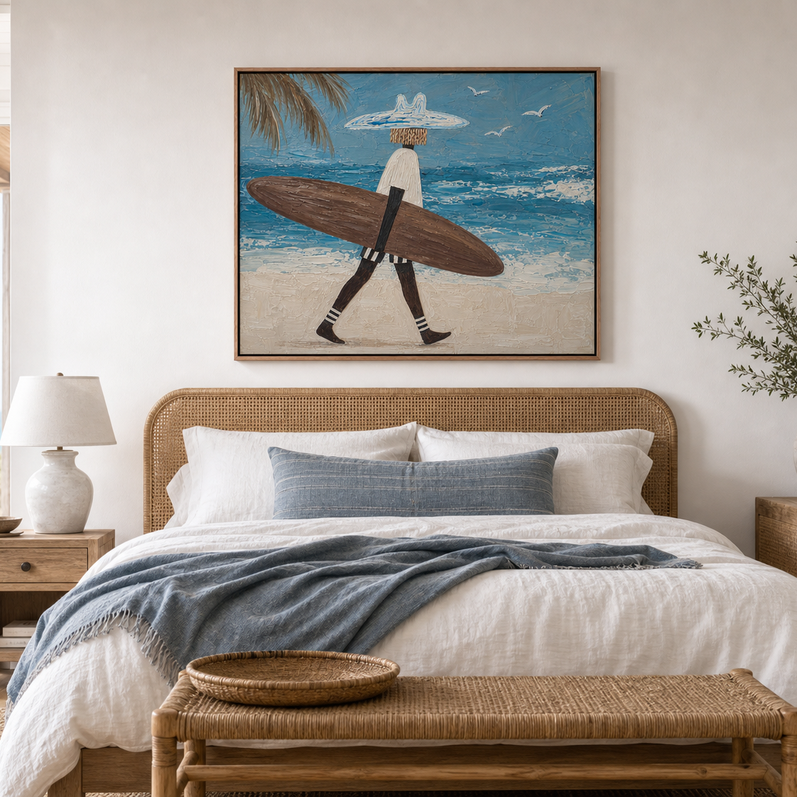 Surf Wall Art for Living Room, Framed Beach Canvas Look With Walking Surfer and Ocean Waves