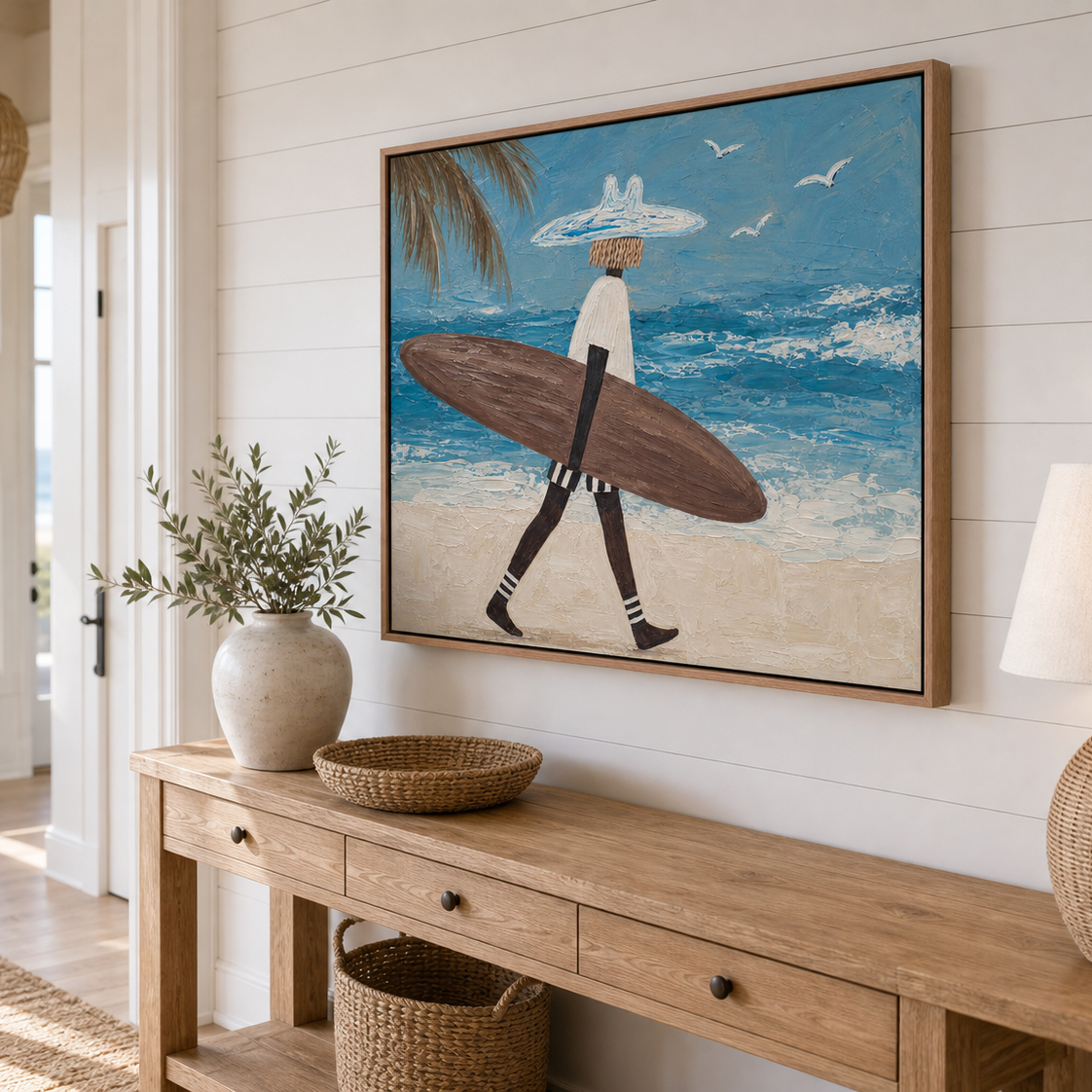 Surf Wall Art for Living Room, Framed Beach Canvas Look With Walking Surfer and Ocean Waves