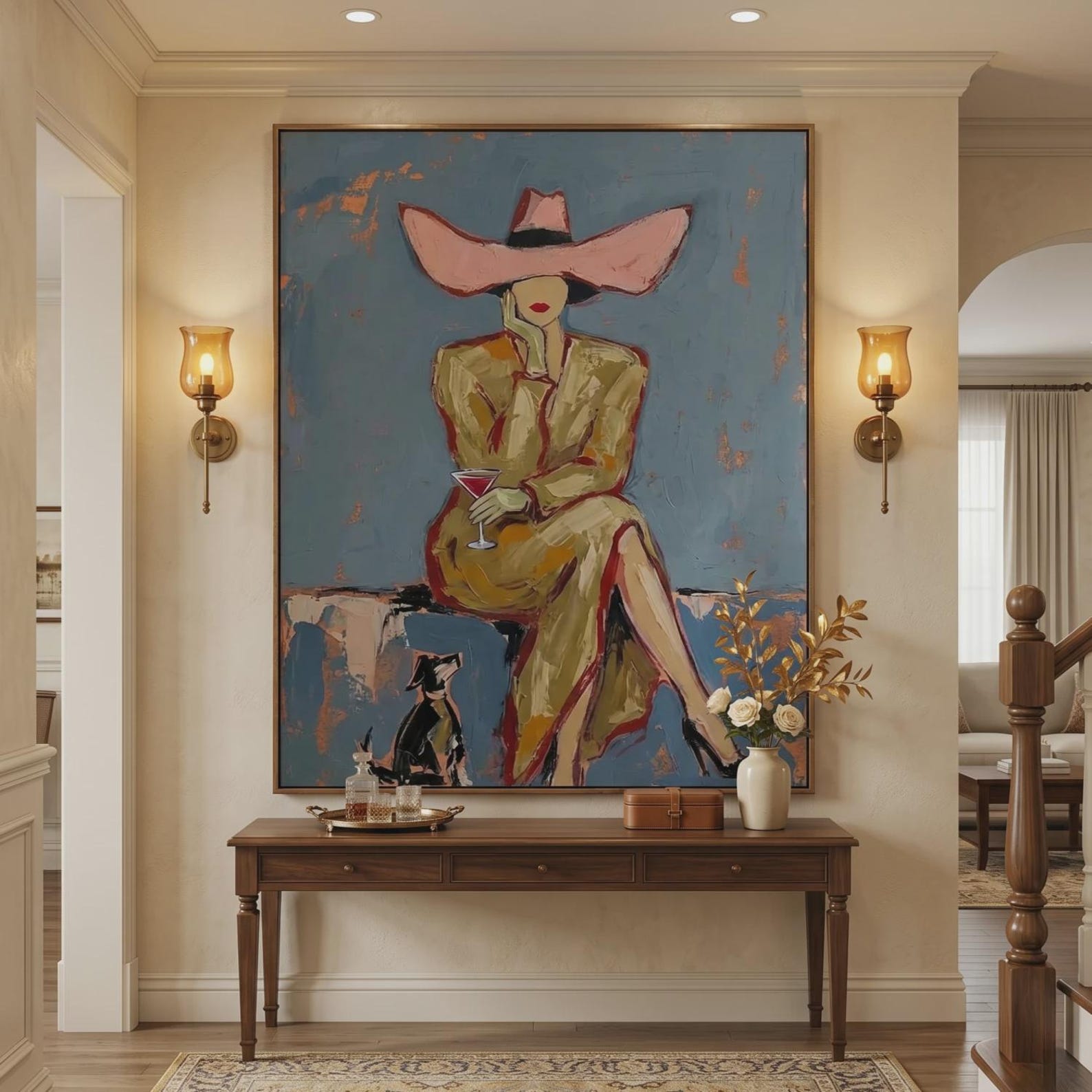Chic woman wall art featuring oversized blush hat