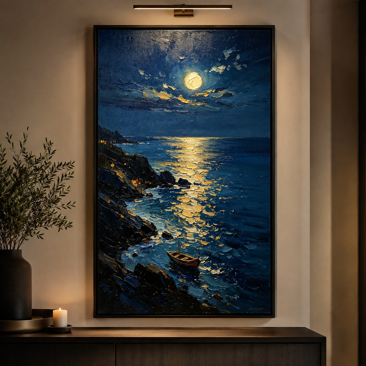 Blue ocean painting with full moon reflecting on water