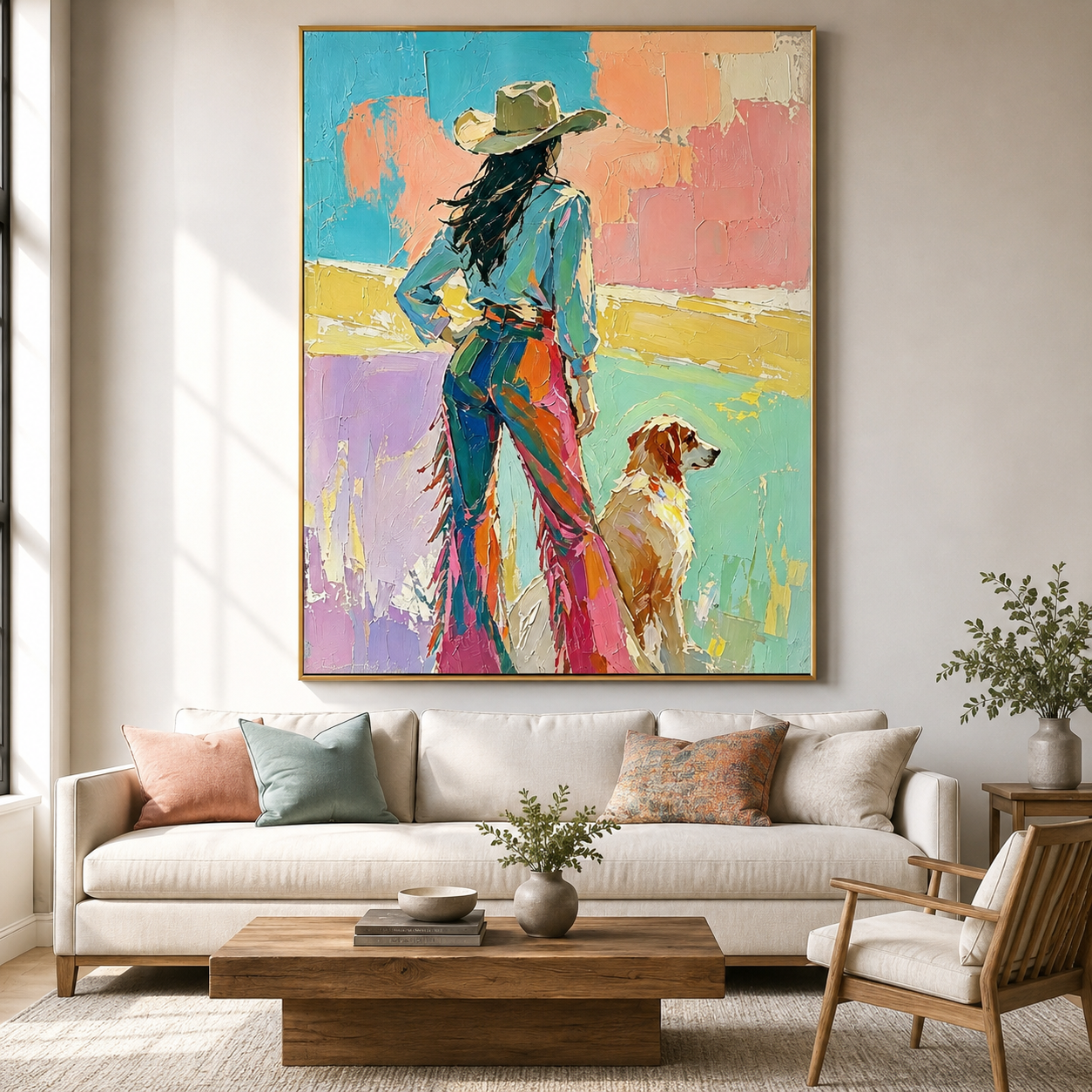 Colorful Western wall art featuring a woman and dog