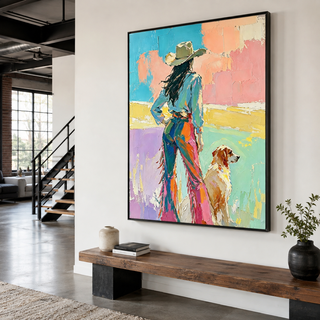 Western woman wall art in turquoise pink and orange
