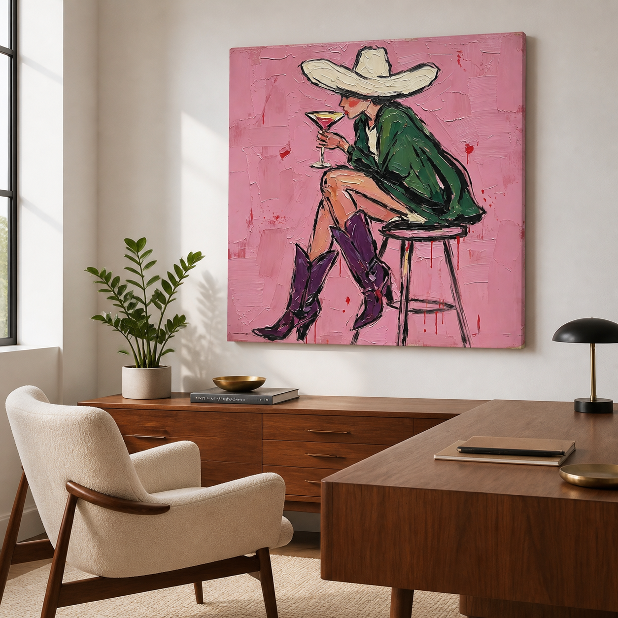 Colorful Western wall art with woman in green jacket