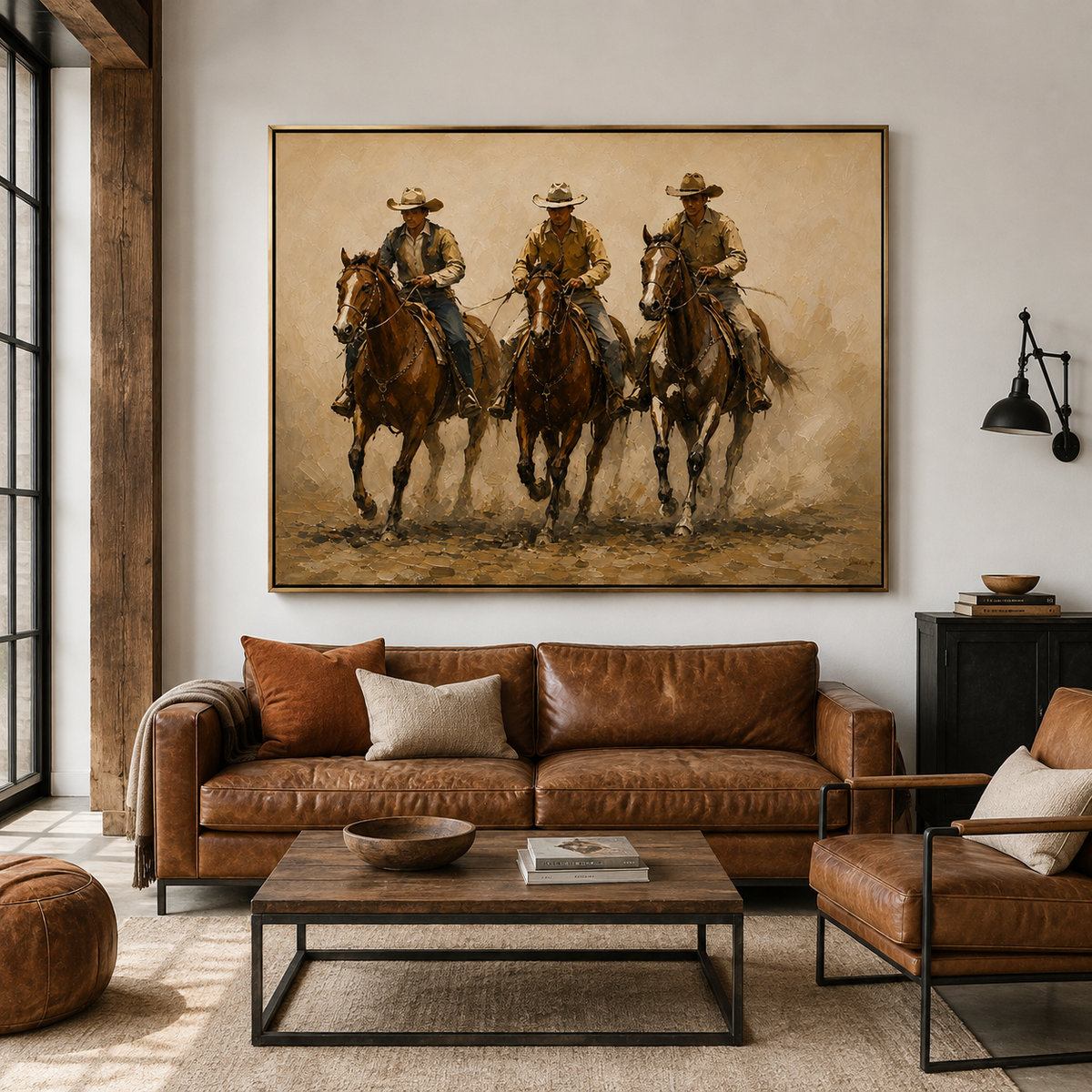 Hand painted cowboy horse wall art featuring western riders in rustic living room decor